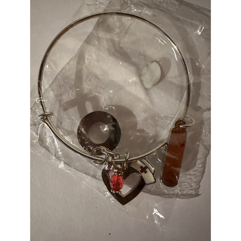 Nurse Live Love Heal Silver Tone 3 Charm Bangle Bracelet NEW In Box Sealed